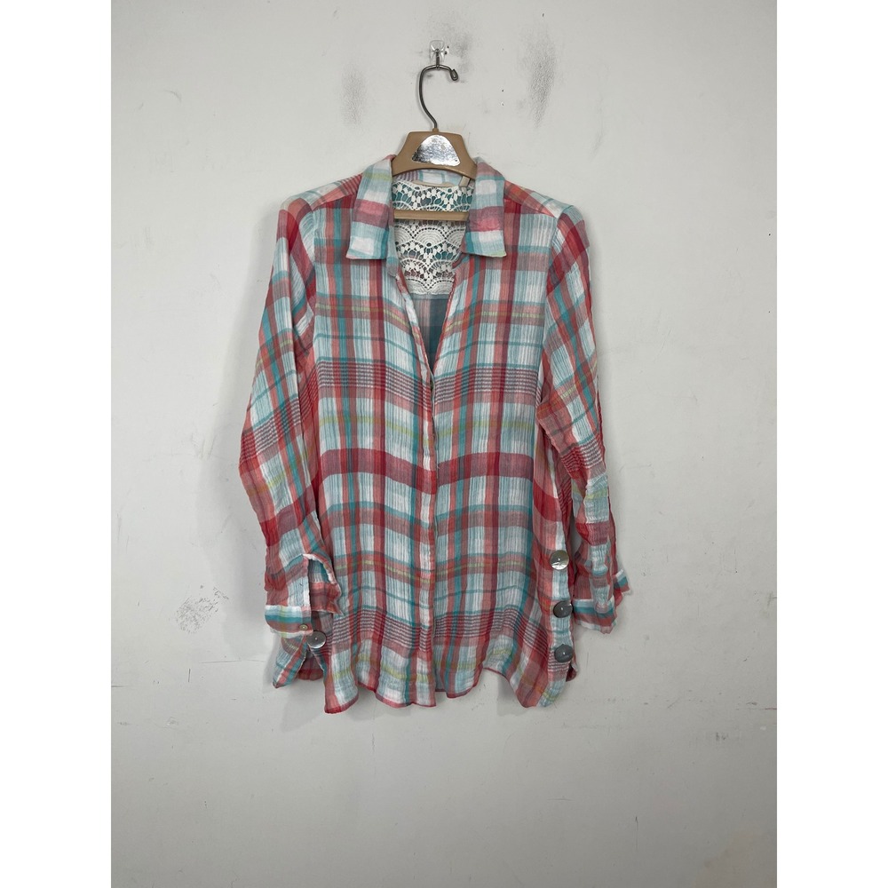 Soft Surroundings Plaid Crochet Lace Back Tunic Top 1X Coral Teal Cotton SC691